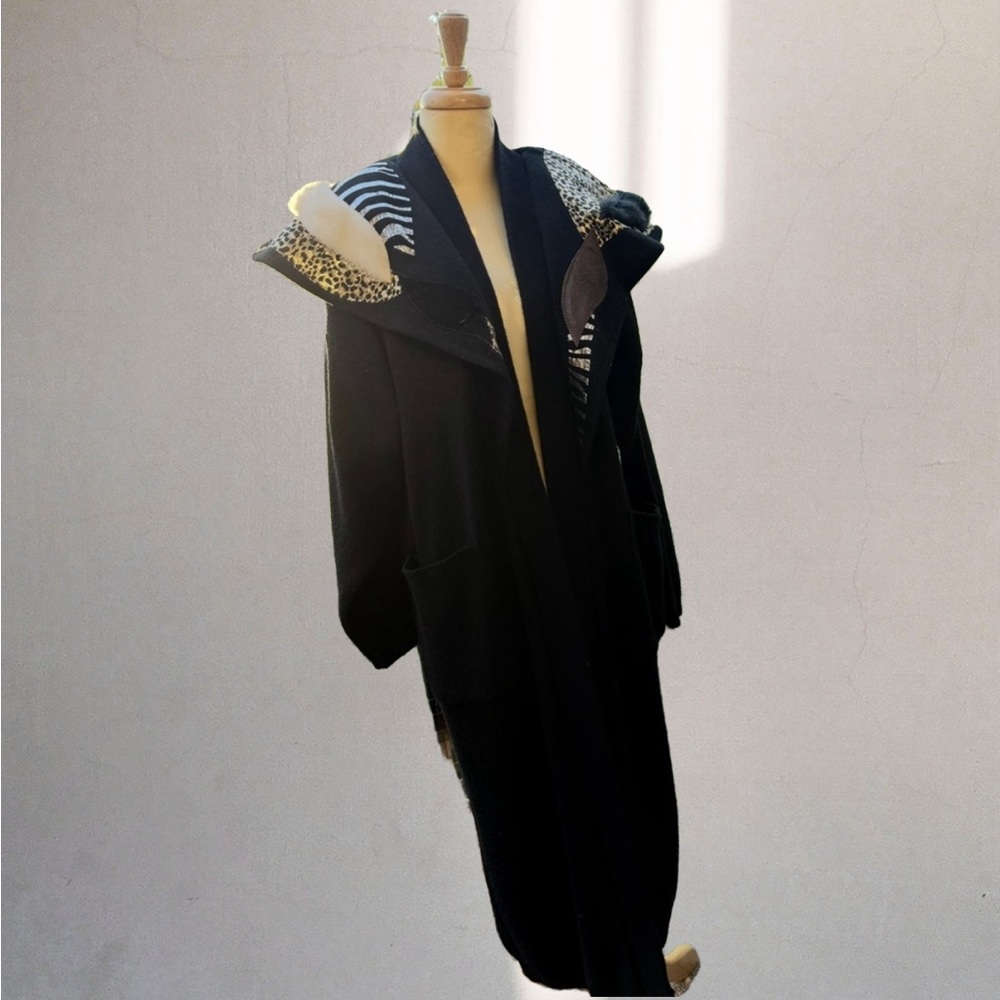 Vintage Long Line Abstract Cardigan Animal Print Faux Fur Colorblock Metallic